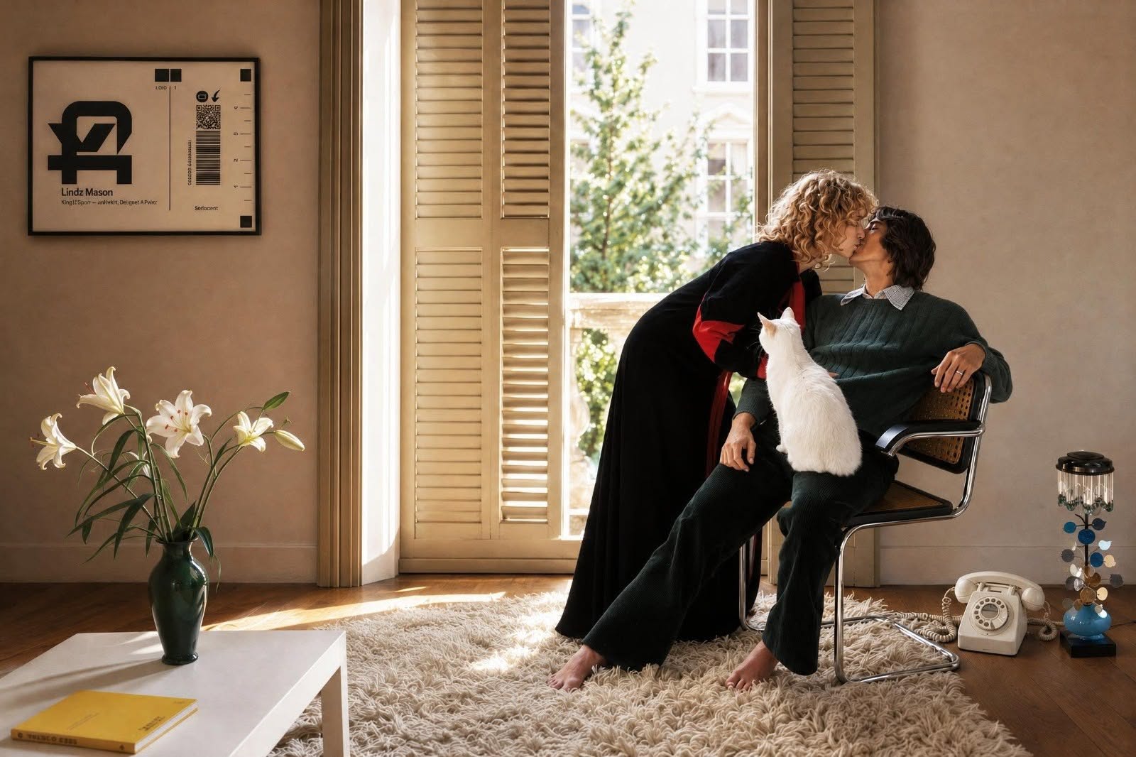Two people kissing in a sunlit room beneath a framed Lindz Mason print